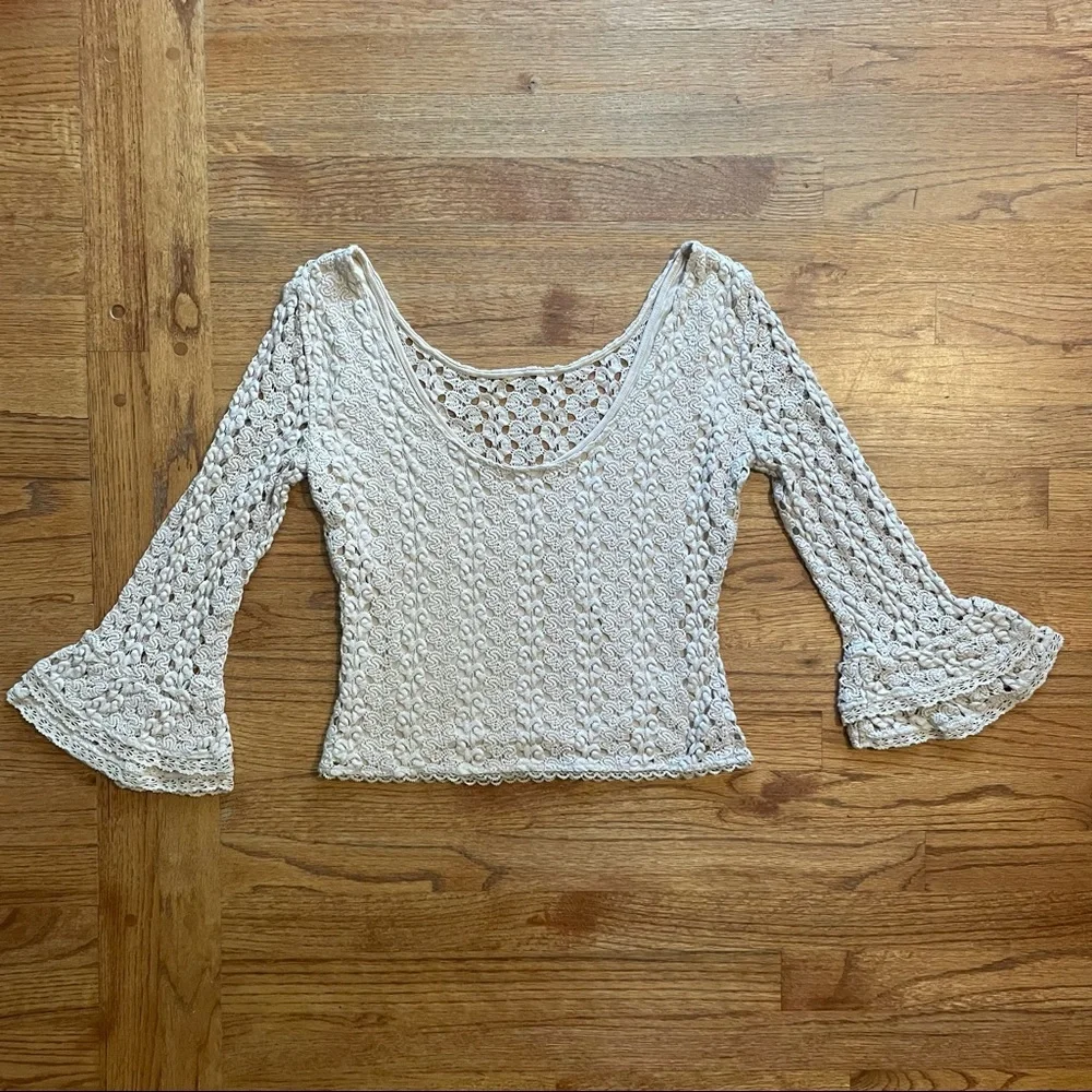 Free People Rosehip Mink Nude Knit Crochet Bell Sleeve Top S